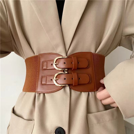 Senior Sense Retro Needle Buckle Waist Seal Elastic Elastic Wide Belt Women's Fashion Belt All-matching Coat Suit
