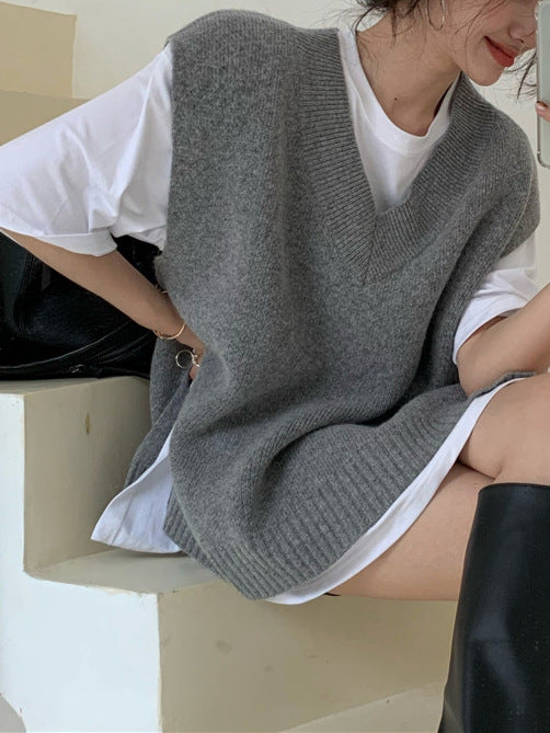 Strikket Plus Size Vest med V-hals til kvinder