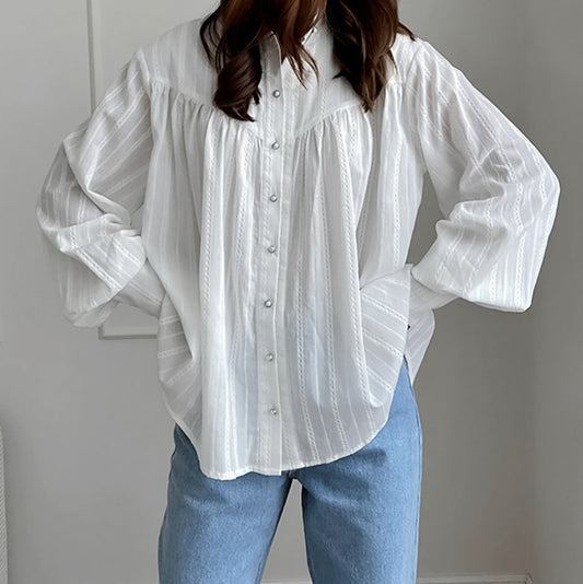 Simple Jacquard Top With A Stand-up Collar And Slightly Puffed Sleeves