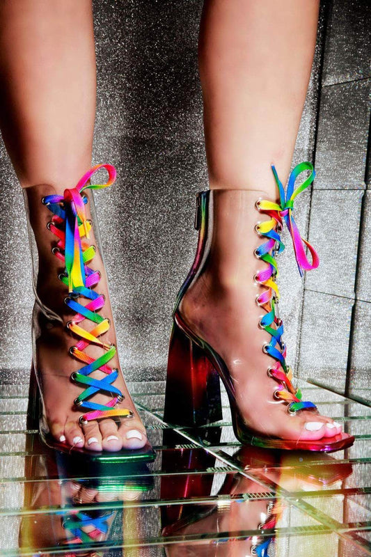 Rainbow color lace fashion thick heel women's shoes