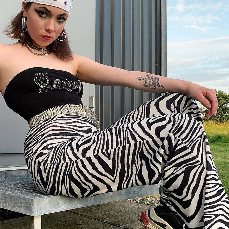 Black and white pattern straight-leg pants