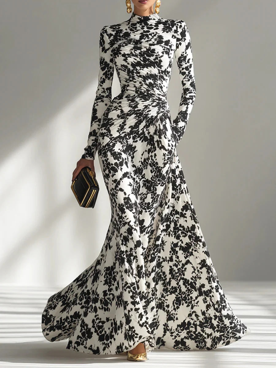Womens Long Sleeve Sexy High Waist Maxi Dress With A Flared Silhouette And Pleated Details