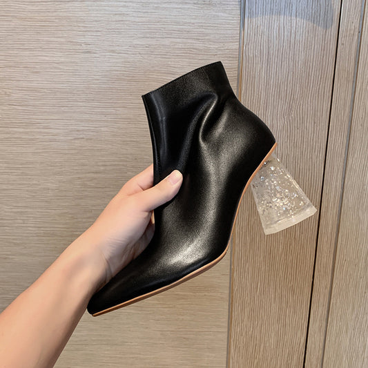 Pointed Toe Short Boots Women Crystal Thick Heel High Heel Retro Boots Single Boots