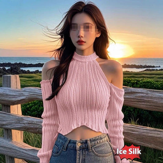 Halter Knitted Scheming Machine Off-the-shoulder Short Sweater