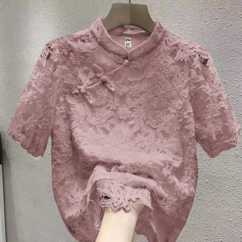 Buckle Chinese Ethnic Style Lace T-shirt Top Shirt