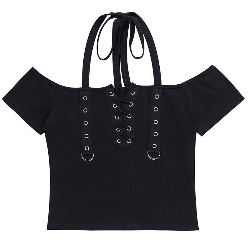 Europe And The United States Dark Wind Eyelet Strap Halter Top