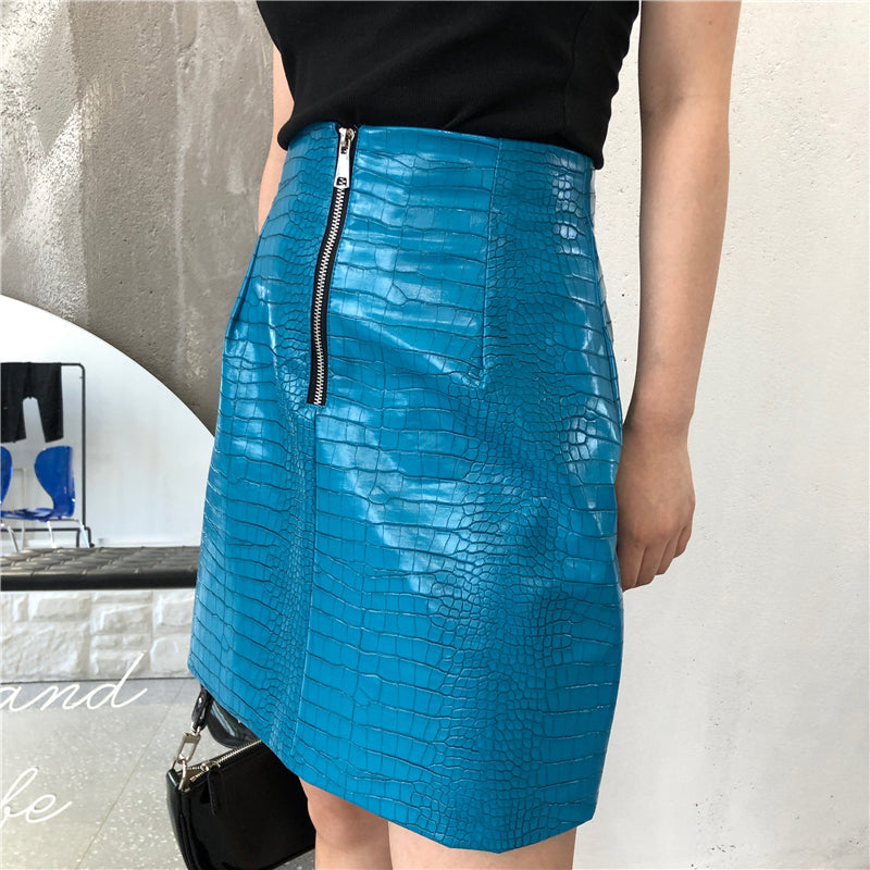 Korean blue pattern loose shoulder leather jacket