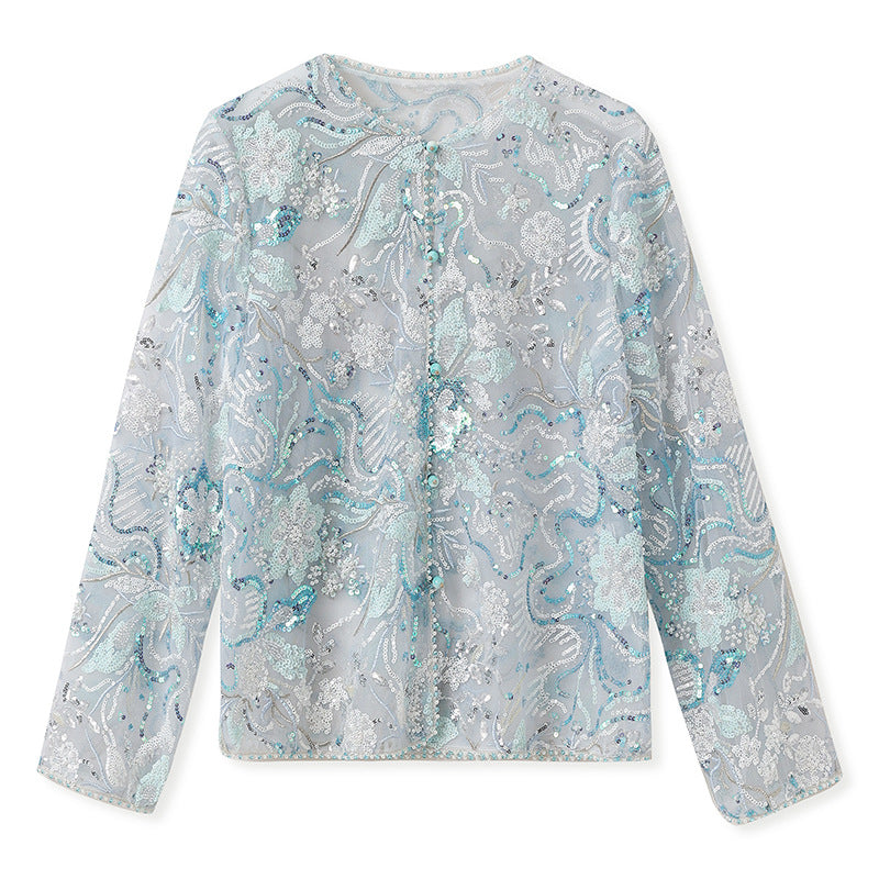 Chinese Embroidery Sequined Round Neck Top Pearl Embroidery Coat