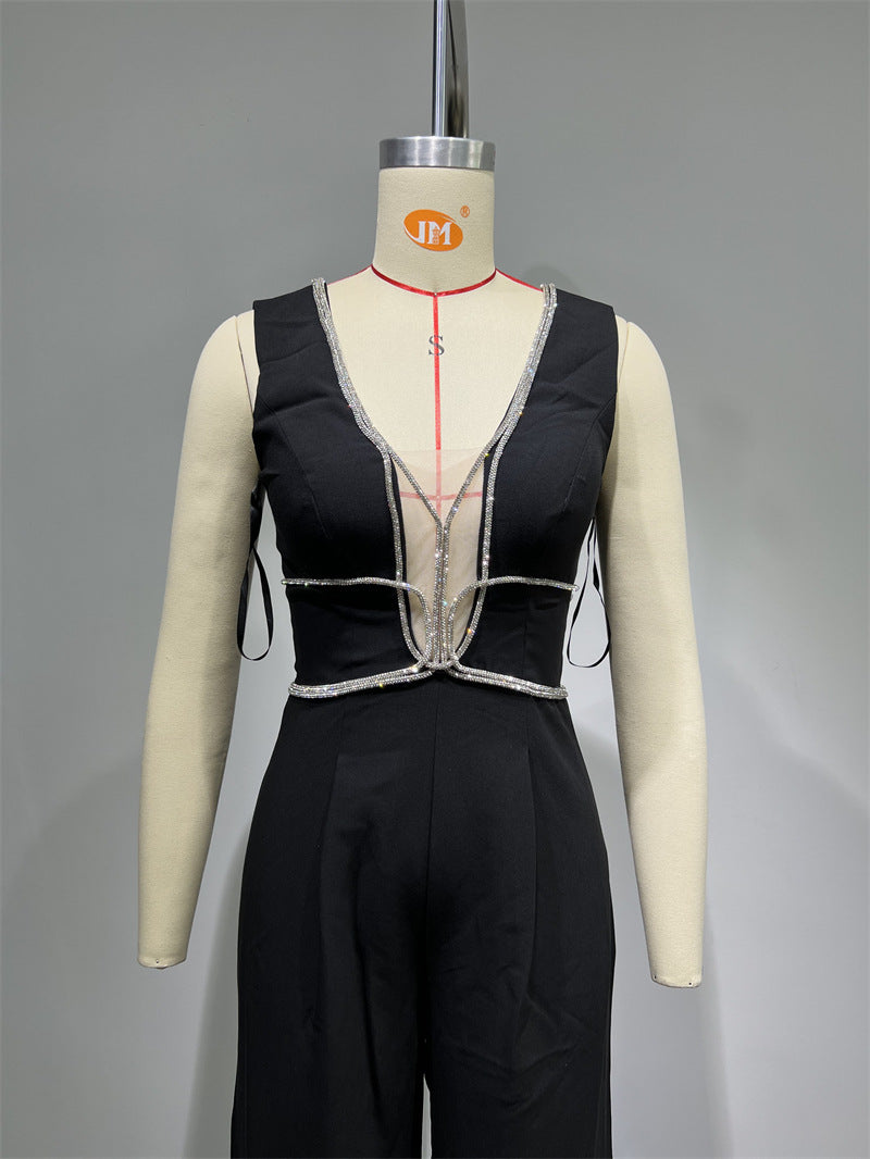 Rhinestone Edge-covered Sexy Low-cut Suit Jumpsuit