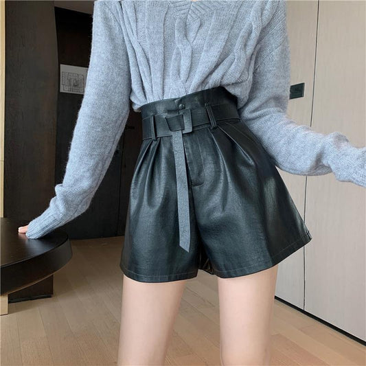 Coffee Color Leather Shorts Women's Autumn And Winter Outer Wear