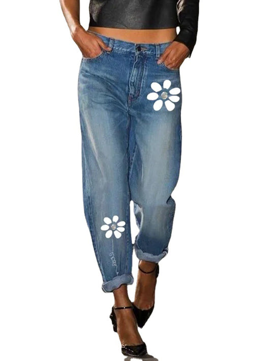 Top Straight Print Cut All-match Jeans