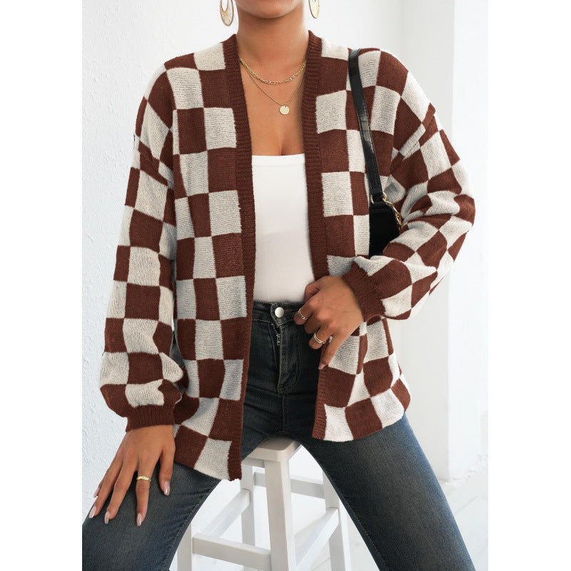 Womens Casual Loose Sweater Coat With A Checkerboard Pattern
