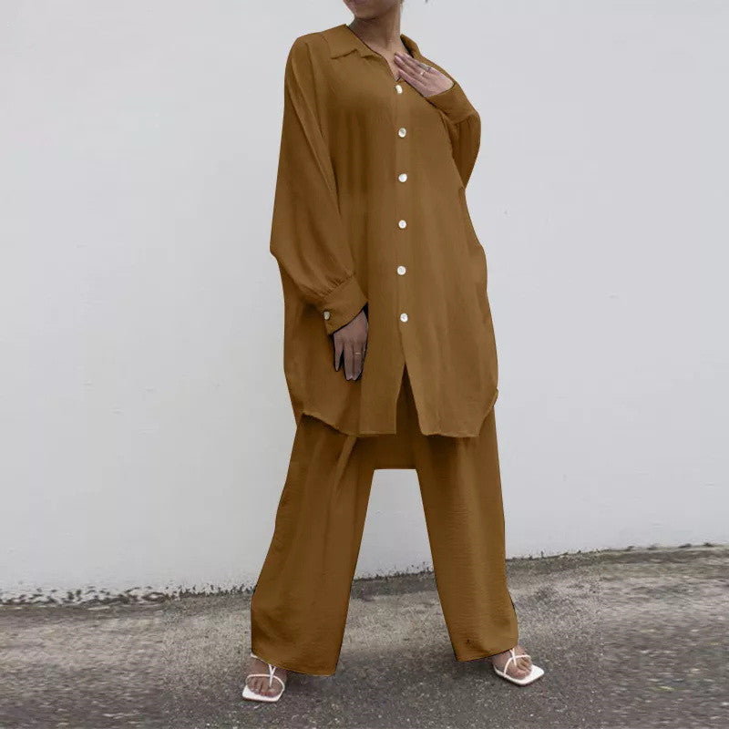 Shirt Solid Color Straight Leg Pants