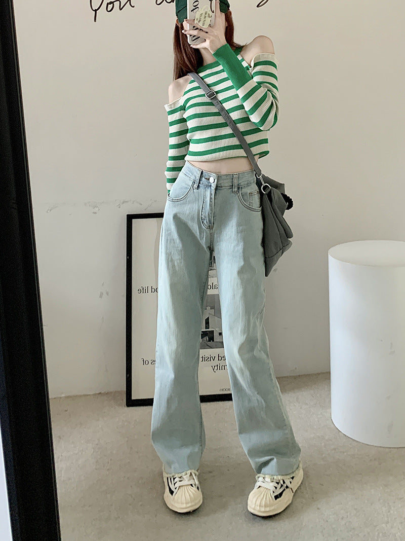 Light-colored Straight Pants With Slim Waist