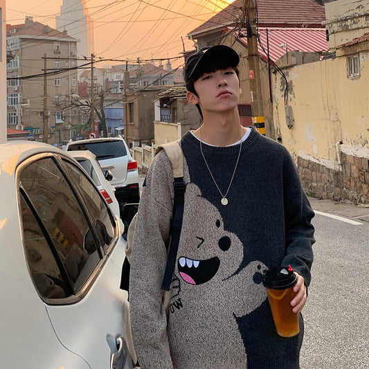 Sweater Boys Loose Korean Version Plus Velvet Thickening Trend Personality Bear Bottoming Sweater