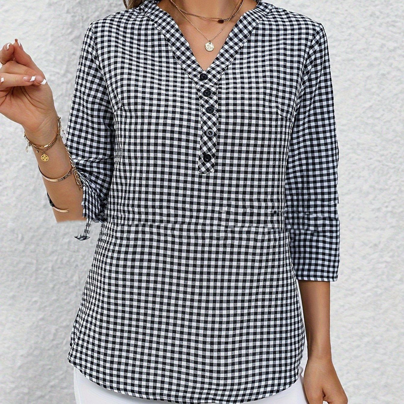 Elegant Retro Plaid Striped Three-quarter Sleeve Shirt