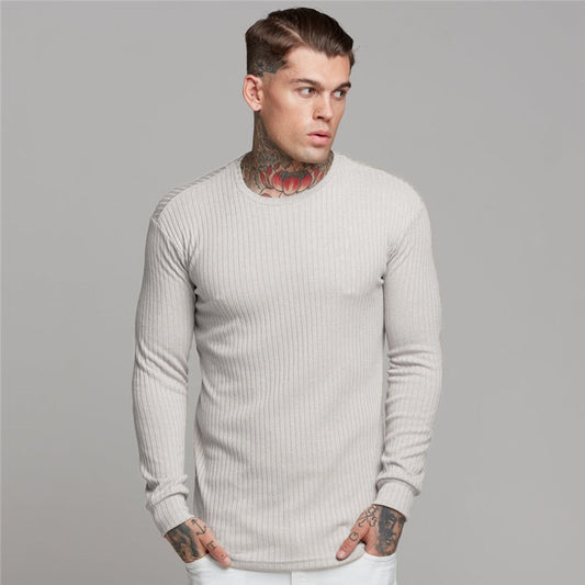 New Sports Bottoming Shirt Men's Fitness Casual Men's Slim Knit Sweater Long-Sleeved T-Shirt
