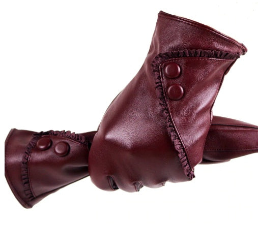 women PU gloves with lace and button