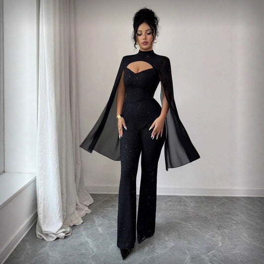 Jumpsuit til kvinder med rund hals, rib og chiffon-kappe-stil, figursyet
