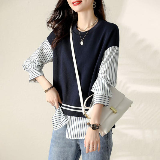Slankende Striber Falsk To-delt Patchwork Skjorte Alsidig Elegant Enkel Rundhalset Sweater Til Kvinder