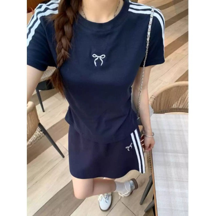 Sporty Casual Striped T-shirt And Skirt Set