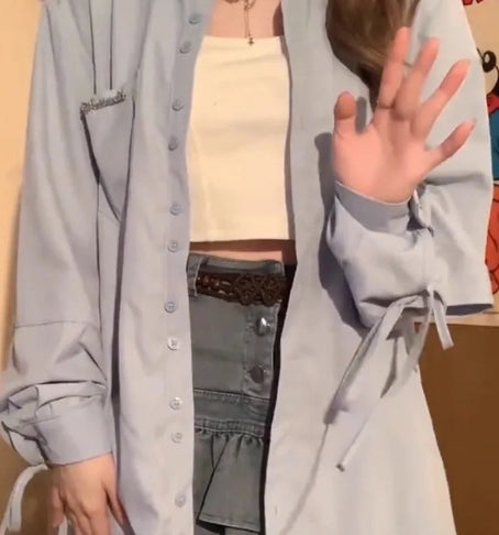 French Blue Bow Long Sleeve Shirt