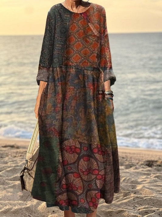 Fashionable Round-neck Long-sleeve Printed Dress