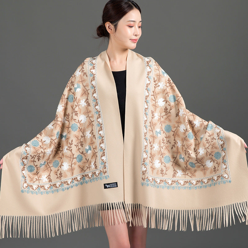 Embroidered Shawl Warmth And Thick Fringed Cashmere Scarf
