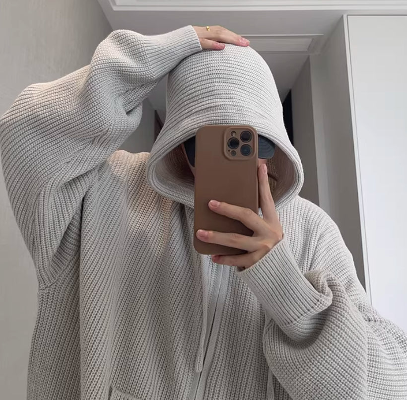 Light Gray Loose-Fit Hooded Zip-Up Sweater Jacket For Men
