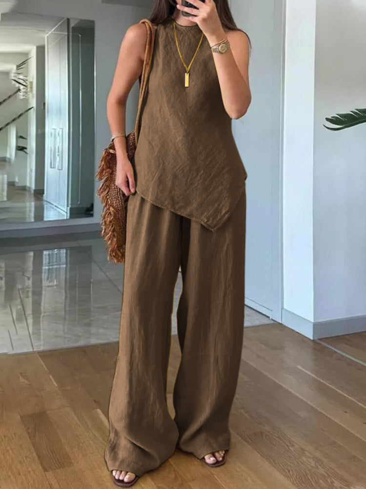 Casual Crew-Neck Pullover Sleeveless Pants With Pockets Cozy Two-Piece Set