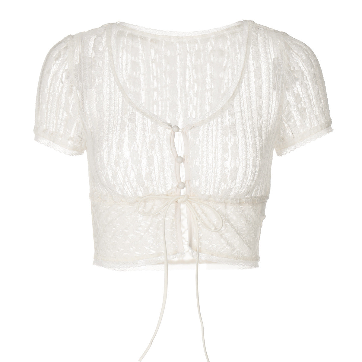 Seamless Lace-Up Sheer Cardigan Slim-Fit T-Shirt For Women