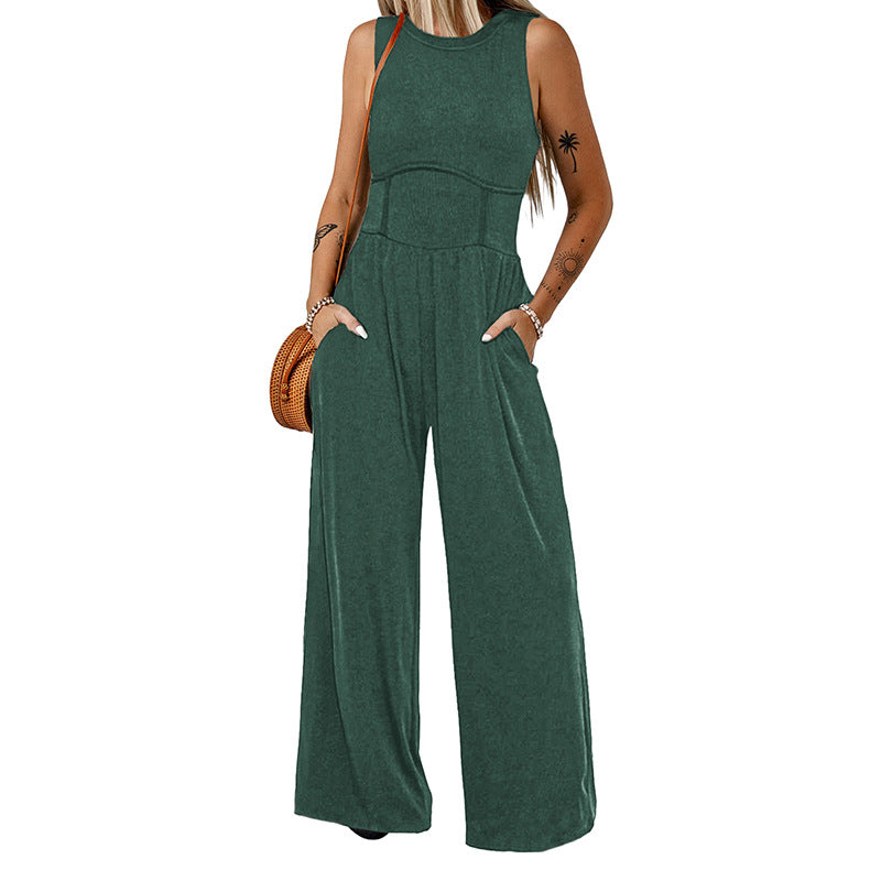 Summer Casual Loose Slim Fit Wide Leg Trousers Women Sleeveless Vest Jumpsuit Women