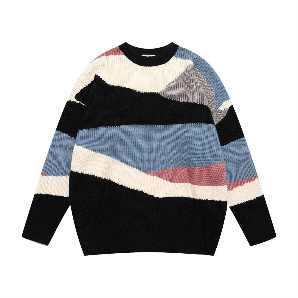 Strikket Sweater med Uregelmæssige Farveblokke og Rund Hals