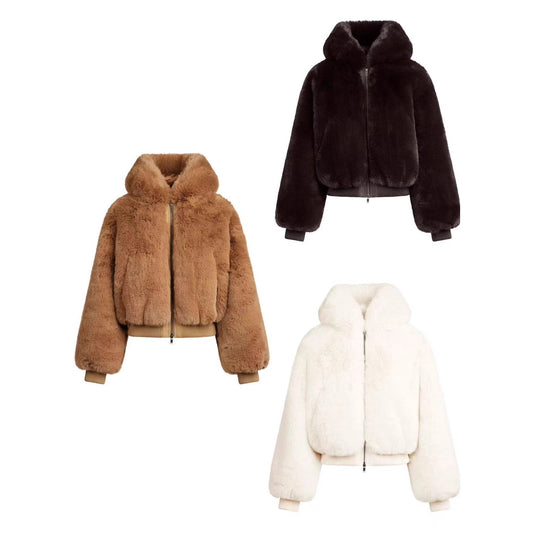 Women's Hooded Warm Fleece EcoFriendly Faux Fur Jacket With Zipper