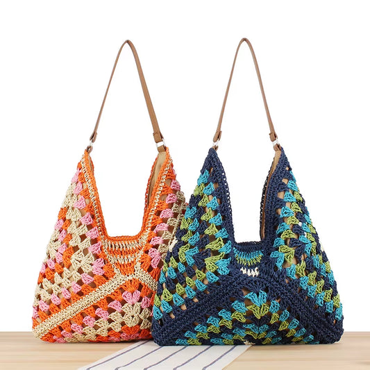 Bohemian Braided Summer Tote Bag - Woven Straw Beach Handbag with Raffia Rattan for Casual Shopping and Travel