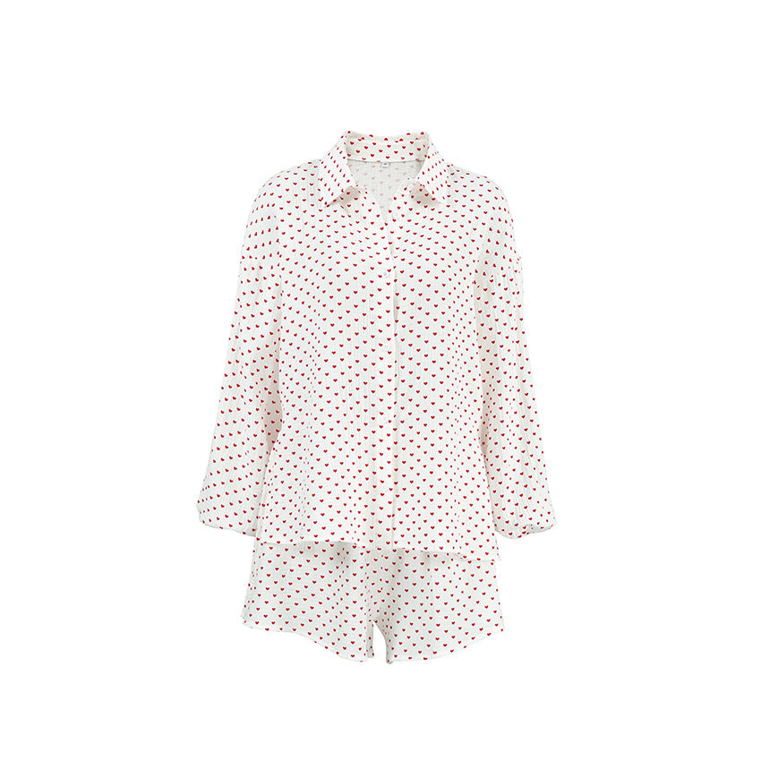 White Heart-Print Cotton Long-Sleeve Short-Pants Pajama Set Home Wear