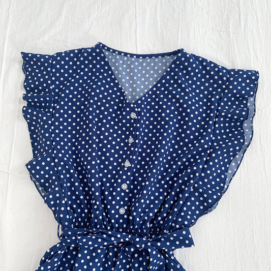 Versatile V Neck Polka Dot Flying Sleeves Lace Up Jumpsuit Wide Leg Pants Shorts