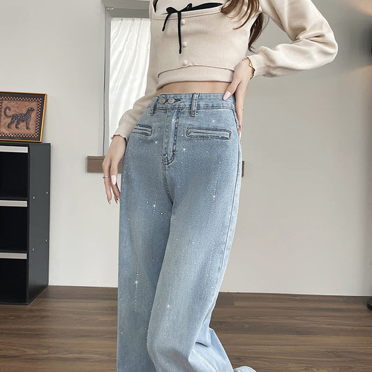 Hot-stone Embellished High-waisted Slimming Wide-leg Jeans