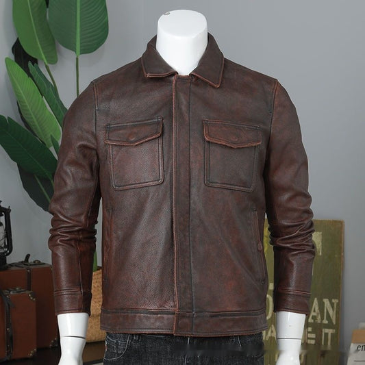 Men's Leather Coat Retro Short Slim Jacket