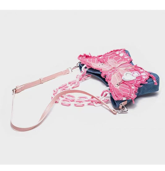 Original Denim Butterfly Contrast Color Acrylic Chain Shoulder Messenger Bag