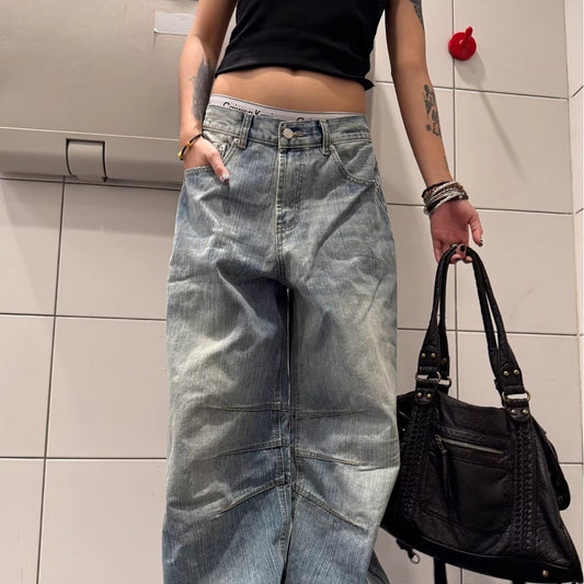 Female Loose And Casual Retro Herringbone Flare Denim Jeans