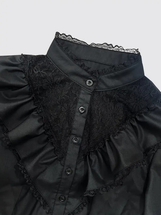 Lace Patchwork Button Up Front Shirt With Unique Style
