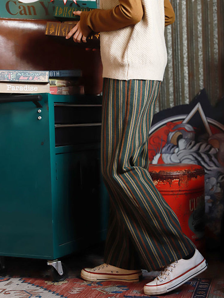 Green Vertical Striped Wide Leg Pants For Women With High Waist