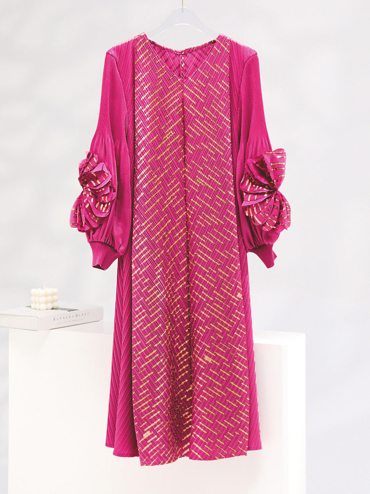 High-grade Bronzing Plate Flower V-neck Temperament Mid-length Pleated Dress