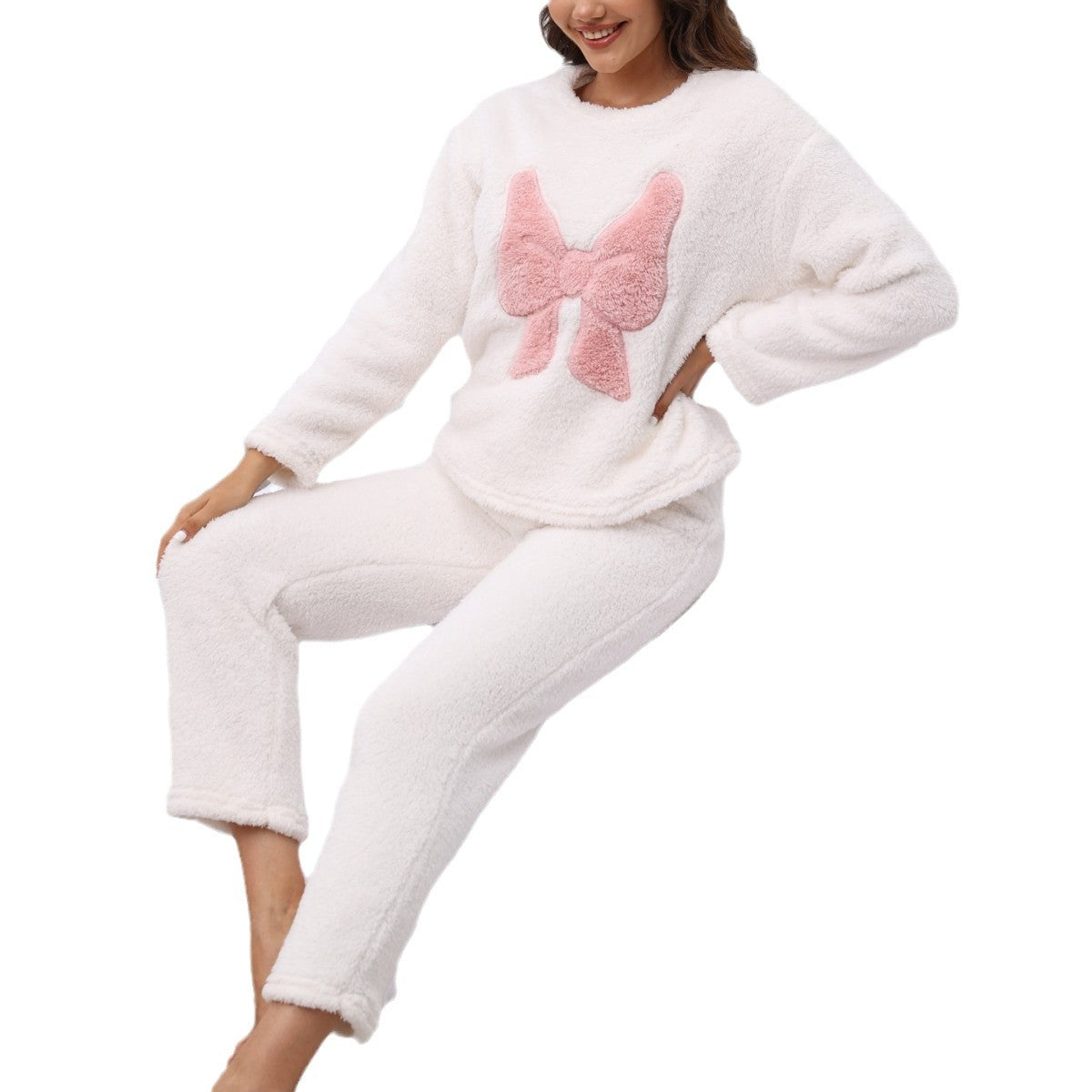Embroidered Bow Long-sleeved Pants Two-piece Set For Casual Home Wear