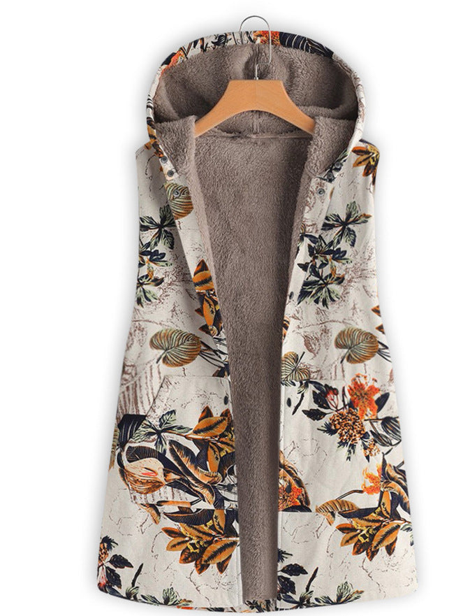 Women's Vintage Cotton And Linen Printed Casual Hooded Sleeveless Plush Coat Vest