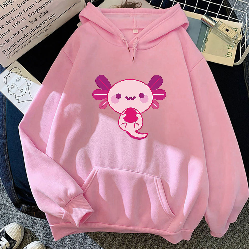 Ensfarvet hættetrøje med tryk Varmestrikket fleece-sweater