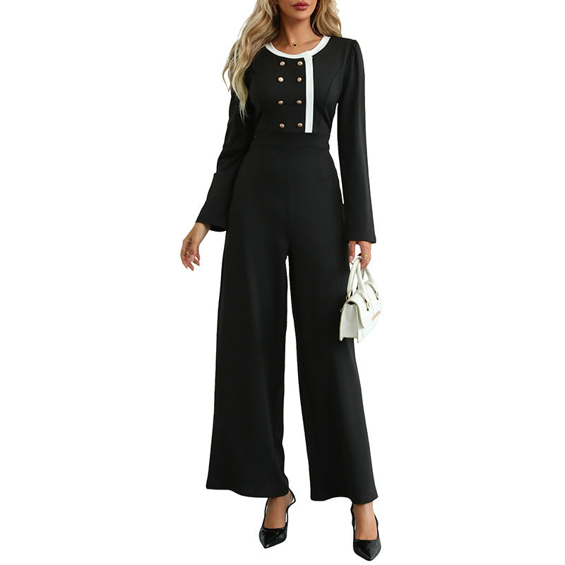 Retro jumpsuit til kvinder med kontrastfarver, taljesnit, vide ben og lange ærmer