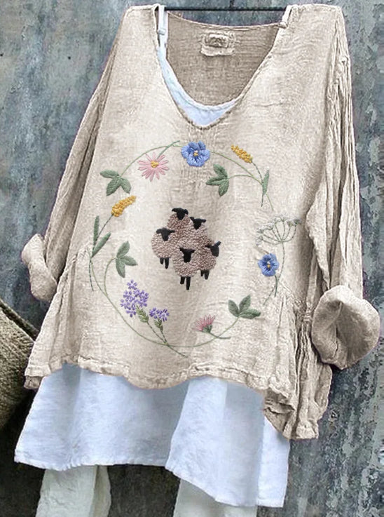Women's Sheep Floral Print Pattern Cozy Linen Shirt