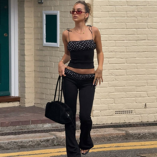 Fashion Polka-dot Self-tie Vest Slim-fit Low Waist Bootcut Pants Suit
